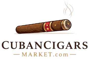 Cuban Cigars Market logo featuring an illustrated lit cigar with smoke and red band above the brand name