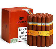 Cohiba cigars bundle with red box displaying health warning label on white background